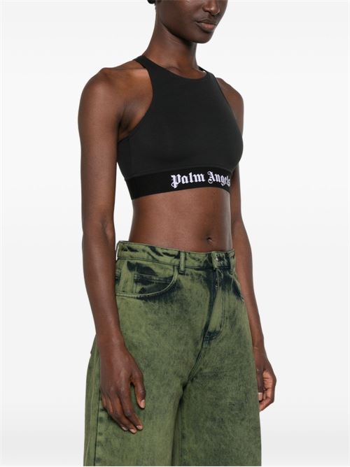 Top sportivo Palm Angels da donna nero con spalline larghe e logo bianco PALM ANGELS | PAWVO001FB0011010